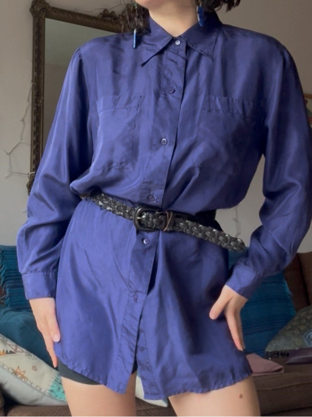 Vintage Silk Vibrant Blue Purple Button-Up Tunic Shirt